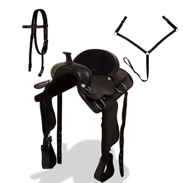 vidaXL fekete valódi bőr western nyereg, kötőfék és nyakhám 15"
