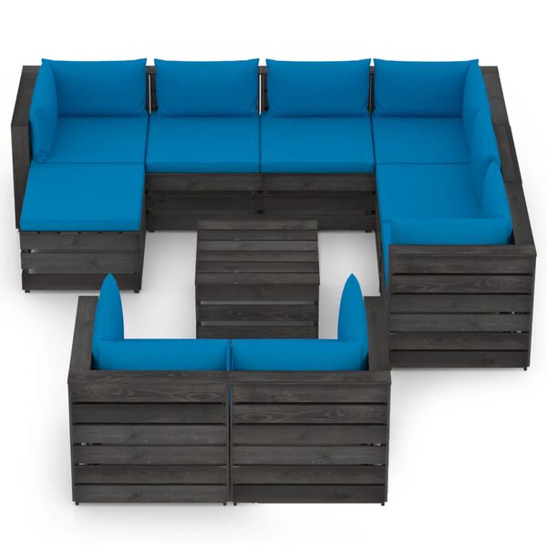 vidaXL 10 r&eacute;szes sz&uuml;rke impregn&aacute;lt fa kerti t&aacute;rsalg&oacute;szett p&aacute;rn&aacute;kkal