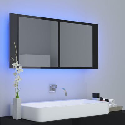 vidaXL magasfényű fekete akril LED-es tükrös fürdőszobaszekrény