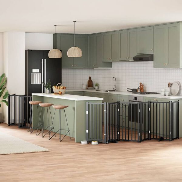 vidaXL fekete ny&aacute;rfa 12 paneles &ouml;sszecsukhat&oacute; kutyakapu ajt&oacute;val 600 cm