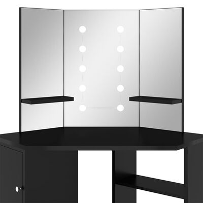 vidaXL fekete sarok fésülködőasztal LED világítással 111x54x141,5 cm