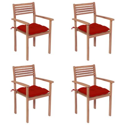 vidaXL 4 db tömör tíkfa kerti szék piros párnával
