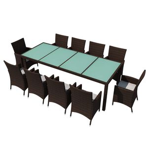 vidaXL 11-r&eacute;szes barna k&uuml;lt&eacute;ri polyrattan &eacute;tkezőszett p&aacute;rn&aacute;kkal