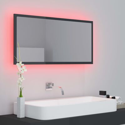 vidaXL magasfényű szürke akril LED-es fürdőszobatükör 90x8,5x37 cm