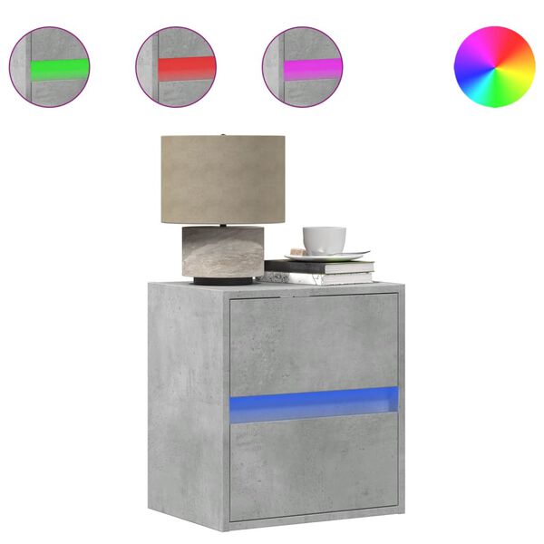 vidaXL betonszürke falra szerelhető éjjeliszekrény LED-világítással