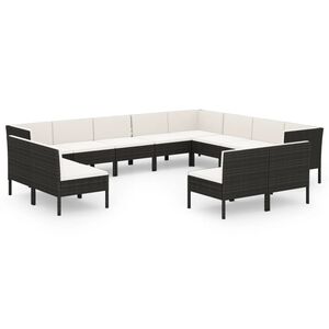 vidaXL 12 r&eacute;szes fekete polyrattan kerti &uuml;lőgarnit&uacute;ra p&aacute;rn&aacute;kkal
