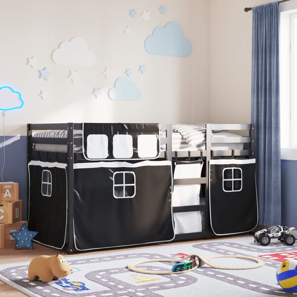 vidaXL feh&eacute;r/fekete t&ouml;m&ouml;r fenyőfa emeletes &aacute;gy f&uuml;gg&ouml;ny&ouml;kkel 80x200 cm