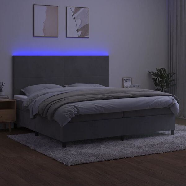 vidaXL világosszürke bársony rugós és LED-es ágy matraccal 200x200 cm
