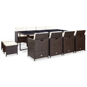 vidaXL 13-r&eacute;szes barna k&uuml;lt&eacute;ri polyrattan &eacute;tkezőszett p&aacute;rn&aacute;kkal