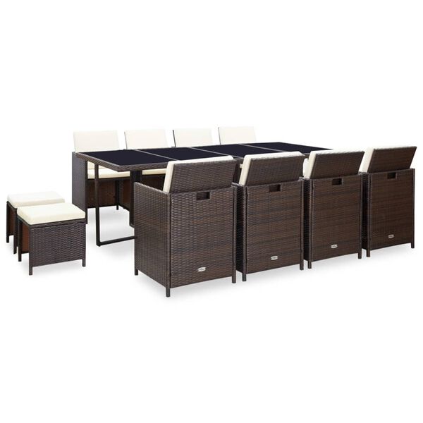 vidaXL 13-részes barna kültéri polyrattan étkezőszett párnákkal