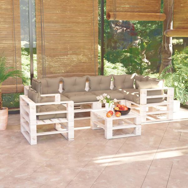 vidaXL 7 r&eacute;szes fenyőfa kerti raklap-b&uacute;torgarnit&uacute;ra p&aacute;rn&aacute;kkal