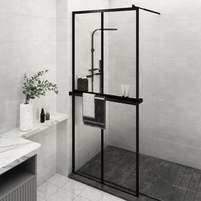 vidaXL fekete ESG üveg és alumínium zuhanyfal polccal 90 x 195 cm
