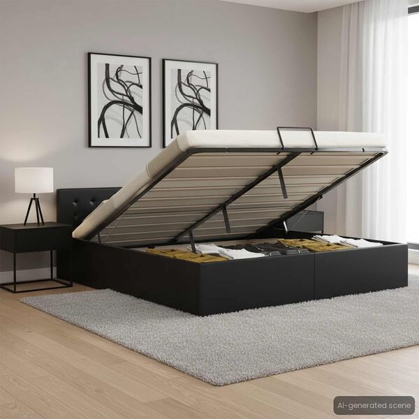 vidaXL fekete műbőr ágykeret hidraulikus tárolóval 180x200 cm