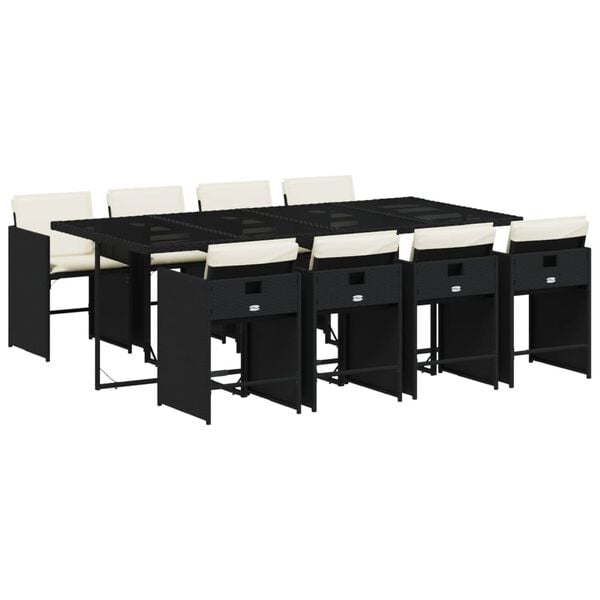 vidaXL 9 r&eacute;szes fekete polyrattan kerti &eacute;tkezőgarnit&uacute;ra p&aacute;rn&aacute;kkal