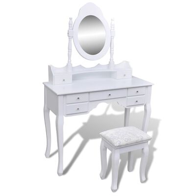 vidaXL 7 fiókos fehér fésülködőasztal tükörrel és zsámollyal
