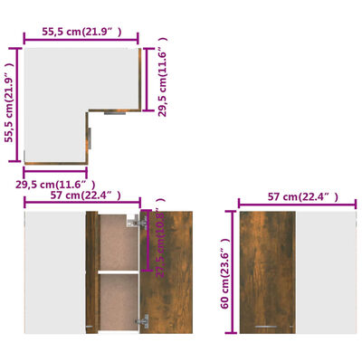 vidaXL füstös tölgyszínű szerelt fa függő sarokszekrény 57x57x60 cm