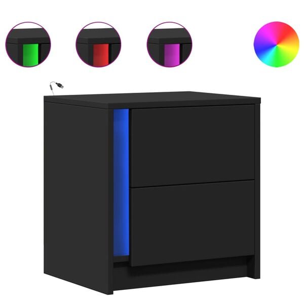 vidaXL 2 db fekete szerelt fa &eacute;jjeliszekr&eacute;ny LED-f&eacute;nyekkel
