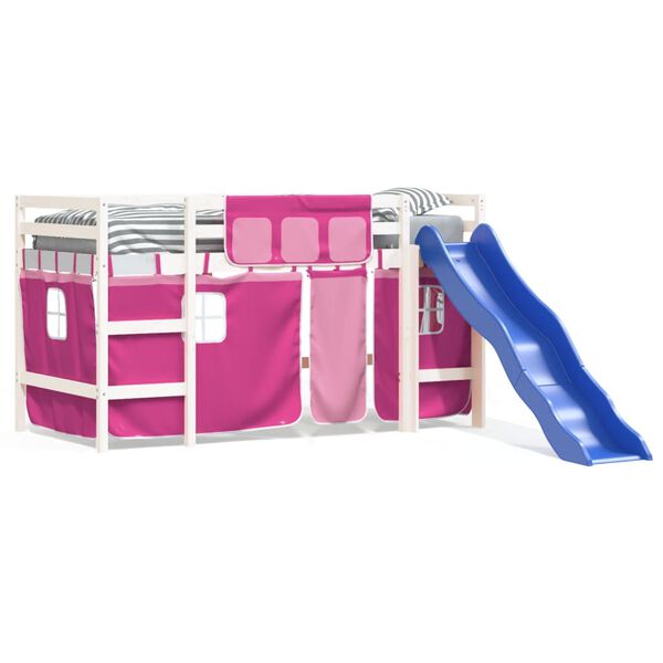 vidaXL r&oacute;zsasz&iacute;n t&ouml;m&ouml;r fenyőfa gyerek gal&eacute;ria&aacute;gy f&uuml;gg&ouml;nnyel 90x200 cm