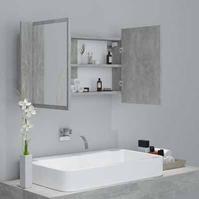 vidaXL betonszürke akril LED-es tükrös fürdőszobaszekrény 80x12x45 cm