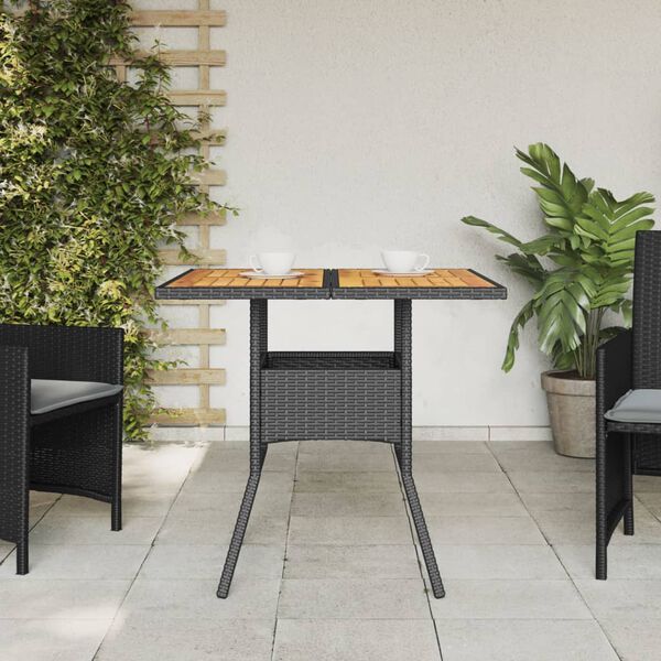 vidaXL fekete polyrattan kerti asztal akácfa lappal 80 x 80 x 75 cm