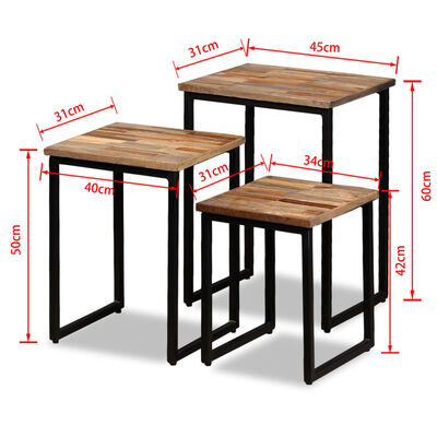 vidaXL 3 részes tömör újrahasznosított tíkfa, egymásba tolható asztal