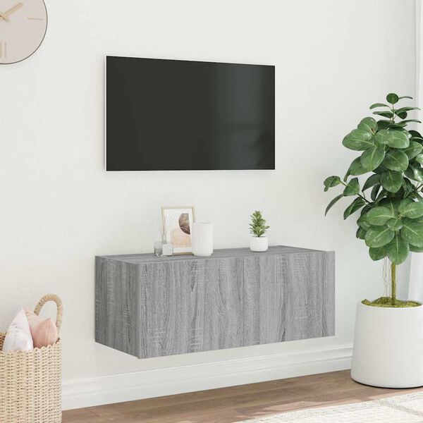 vidaXL szürke sonoma színű fali TV-szekrény LED-del 80x35x31 cm