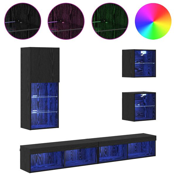 vidaXL TV Fali Egys&eacute;gek LED-del 5 pcs Fekete t&ouml;lgy Faanyag