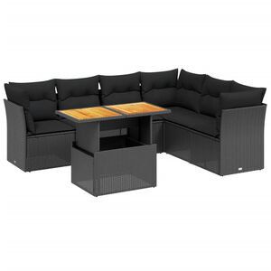 vidaXL 7 r&eacute;szes fekete polyrattan kerti &uuml;lőgarnit&uacute;ra p&aacute;rn&aacute;val