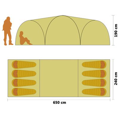 vidaXL 8 személyes sárga iglu kempingsátor 650 x 240 x 190 cm