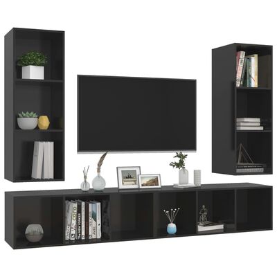 vidaXL 4 db magasfényű fekete forgácslap fali TV-szekrény