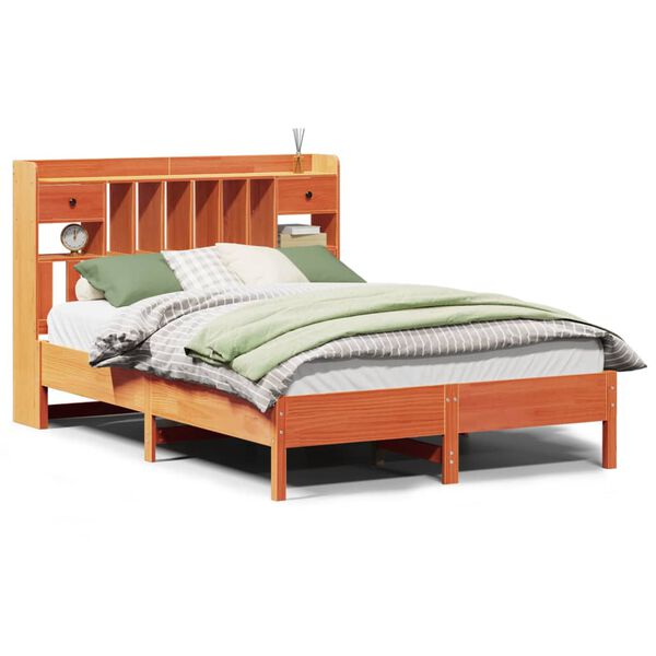 vidaXL barna t&ouml;m&ouml;r fenyőfa k&ouml;nyvespolcos &aacute;gy matrac n&eacute;lk&uuml;l 140 x 190cm