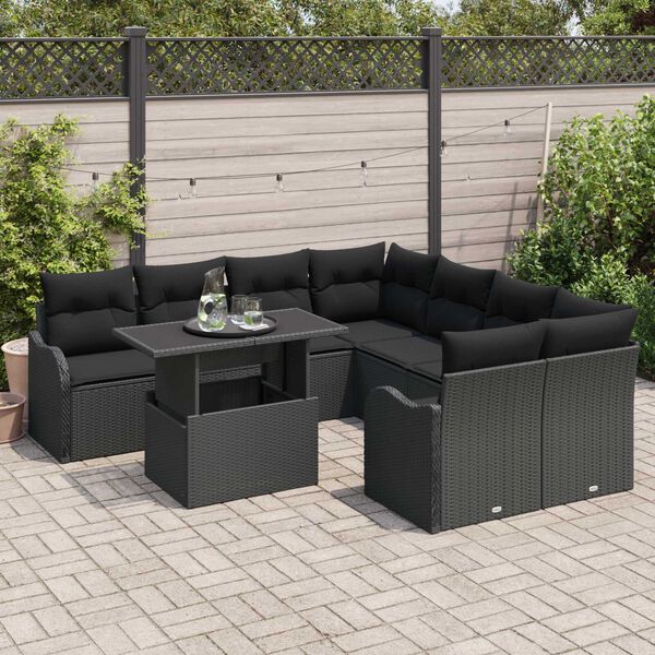 vidaXL Kerti Kanap&eacute; Szett p&aacute;rn&aacute;val p&aacute;rn&aacute;val 9 pcs Fekete Polyrattan
