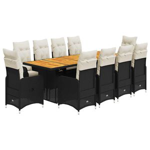 vidaXL 11 r&eacute;szes fekete polyrattan kerti bisztr&oacute;garnit&uacute;ra p&aacute;rn&aacute;kkal