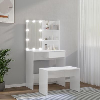 vidaXL magasfényű fehér szerelt fa fésülködőasztal-szett LED-ekkel