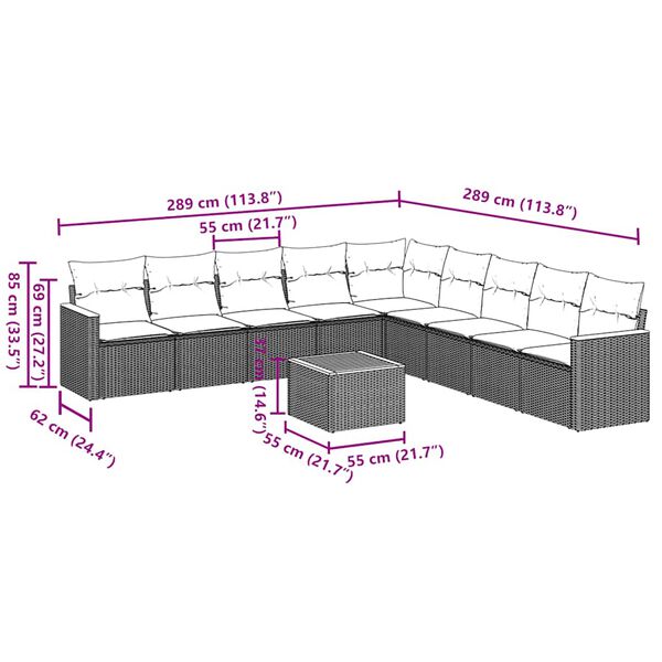 vidaXL 10 r&eacute;szes fekete polyrattan kerti &uuml;lőgarnit&uacute;ra p&aacute;rn&aacute;kkal