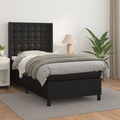 vidaXL fekete műbőr rugós ágy matraccal 90 x 200 cm