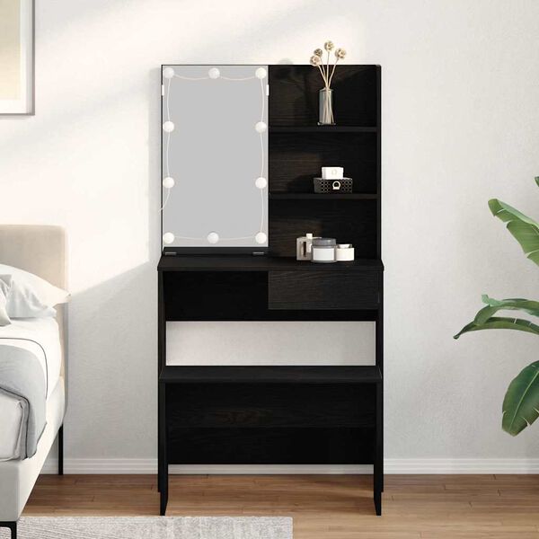 vidaXL LED Sminkasztal Szett fi&oacute;kkal 2 pcs Fekete t&ouml;lgy Faanyag