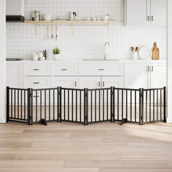 vidaXL fekete t&ouml;m&ouml;r fa 6 paneles &ouml;sszecsukhat&oacute; kutyakapu ajt&oacute;val 300cm