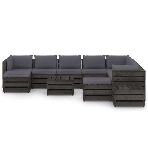 vidaXL 12 r&eacute;szes sz&uuml;rke impregn&aacute;lt fa kerti t&aacute;rsalg&oacute;szett p&aacute;rn&aacute;kkal