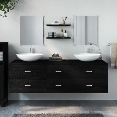 vidaXL 5 részes fekete szerelt fa fürdőszobai bútorszett