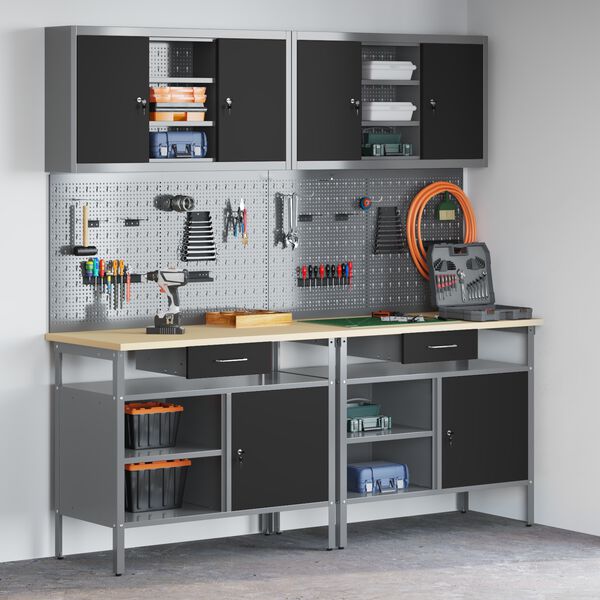 vidaXL Munkapad k&eacute;szlet fi&oacute;kkal 8 pcs Piros &eacute;s Sz&uuml;rke Porsz&oacute;rt ac&eacute;l