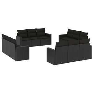 vidaXL 12 r&eacute;szes fekete polyrattan kerti &uuml;lőgarnit&uacute;ra p&aacute;rn&aacute;kkal