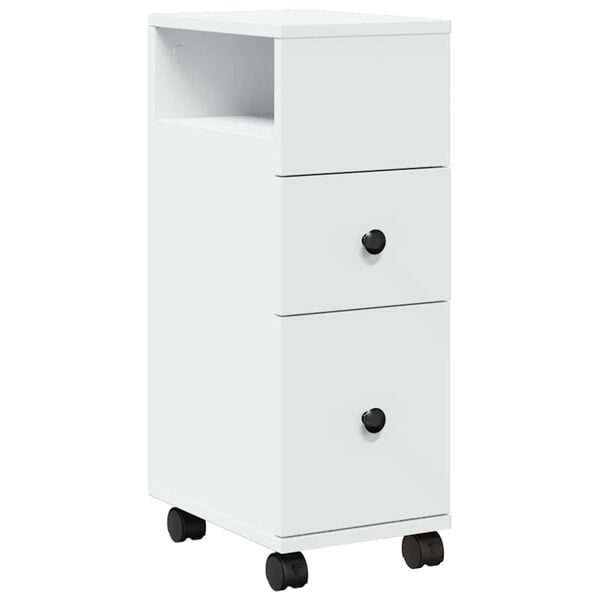 vidaXL feh&eacute;r szerelt fa keskeny f&uuml;rdőszobaszekr&eacute;ny kerekekkel