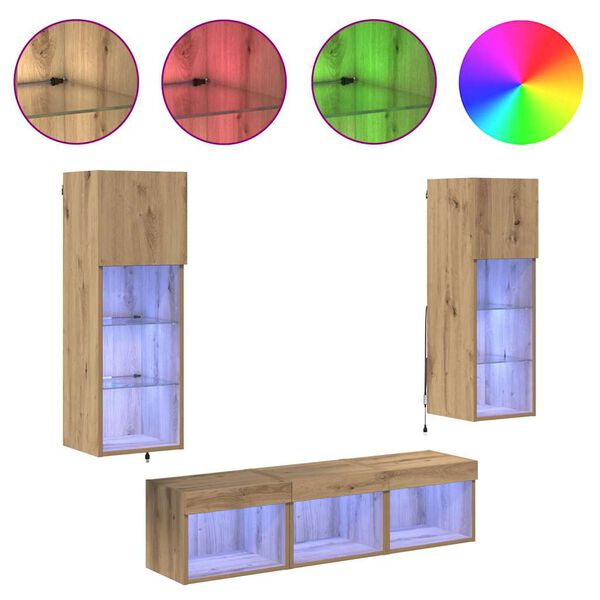 vidaXL TV Fali Egys&eacute;gek LED -es l&aacute;mp&aacute;kkal 5 pcs Fekete t&ouml;lgy Faanyag