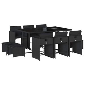 vidaXL 11 r&eacute;szes fekete polyrattan kerti &eacute;tkezőgarnit&uacute;ra p&aacute;rn&aacute;kkal