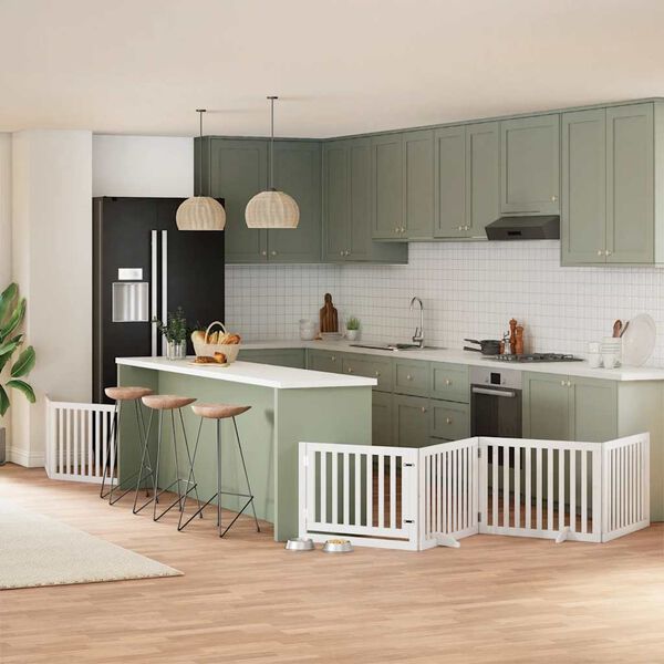 vidaXL feh&eacute;r ny&aacute;rfa 6 paneles &ouml;sszecsukhat&oacute; kutyakapu ajt&oacute;val 480 cm