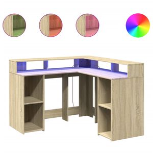 vidaXL sonoma t&ouml;lgy sz&iacute;nű szerelt fa &iacute;r&oacute;asztal LED-ekkel 130x130x91 cm