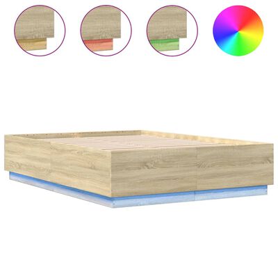 vidaXL sonoma tölgy színű szerelt fa ágykeret LED-del 150 x 200 cm