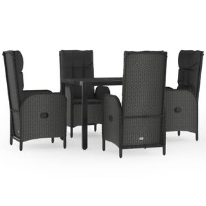 vidaXL 5 r&eacute;szes fekete polyrattan kerti &eacute;tkezőgarnit&uacute;ra p&aacute;rn&aacute;kkal