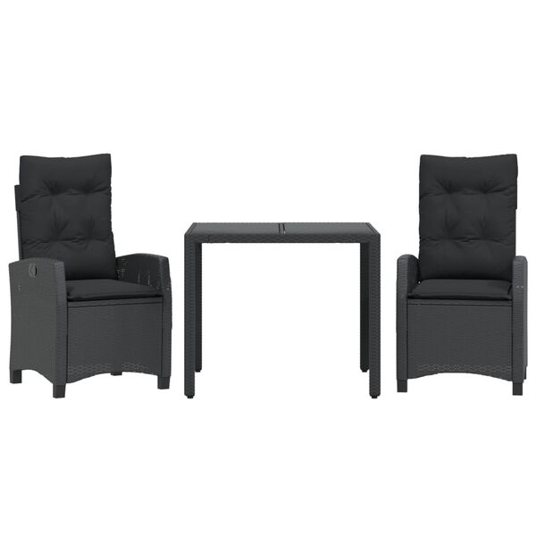 vidaXL 3 r&eacute;szes fekete polyrattan kerti &eacute;tkezőgarnit&uacute;ra p&aacute;rn&aacute;kkal